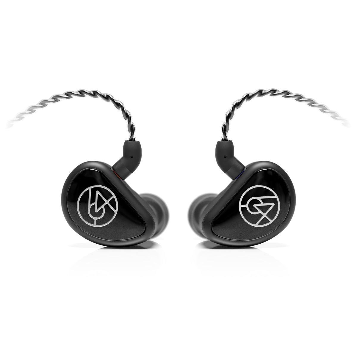 64 Audio Aspire 4 closeup front with attached stock cable and eartips over white background