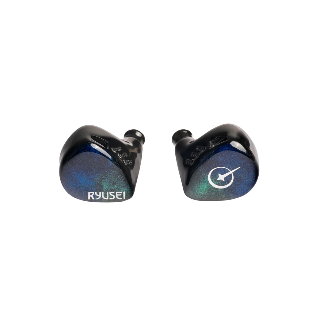 Ryusei in-ear monitors with a glossy black finish and a subtle blue-green iridescent shimmer on the outer surface. One earpiece displays the white 'RYUSEI' brand name, and the other features a white circular logo with a star.