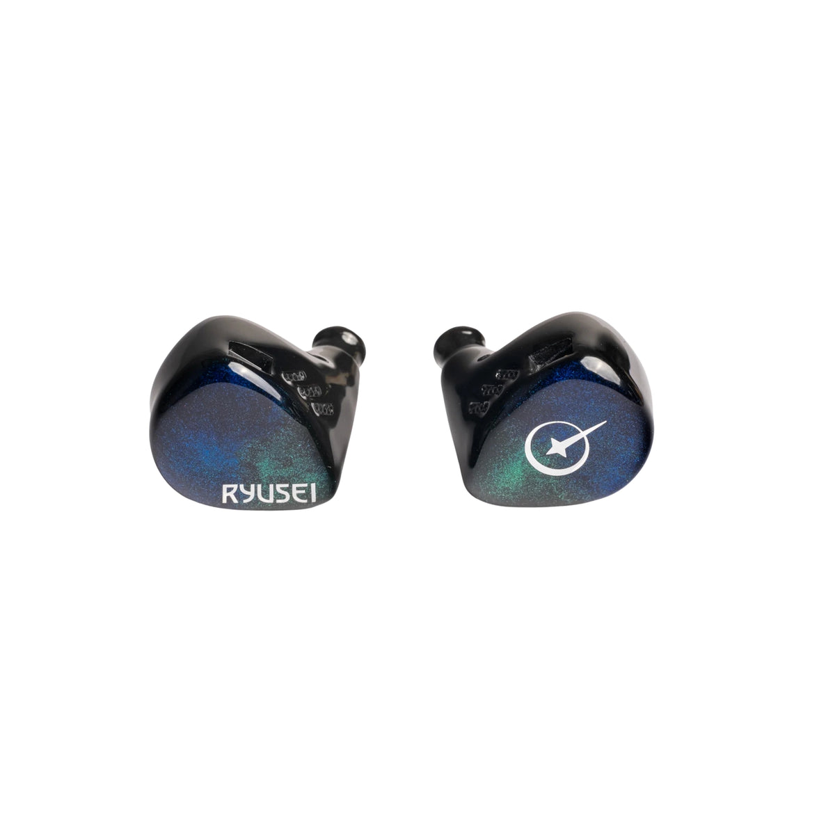 Ryusei in-ear monitors with a glossy black finish and a subtle blue-green iridescent shimmer on the outer surface. One earpiece displays the white 'RYUSEI' brand name, and the other features a white circular logo with a star.