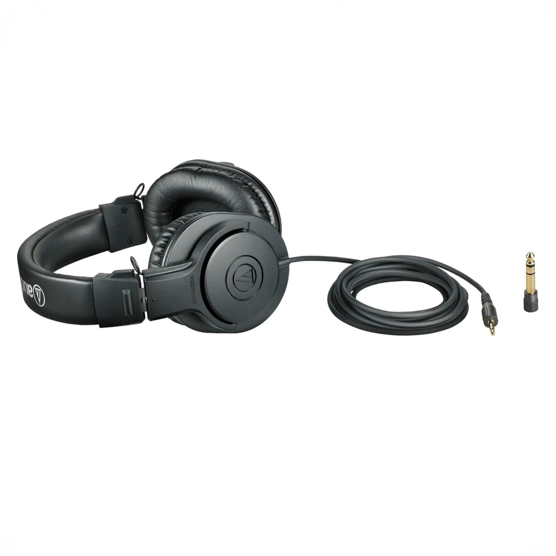 Audio-Technica ATH-M20x black headphone prone with attached stock cable and adapter whitebox