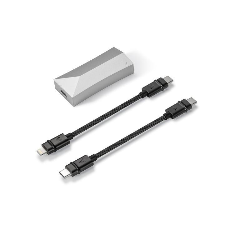 Astell&amp;Kern HC4 top 3 quarter with stock cables over white background