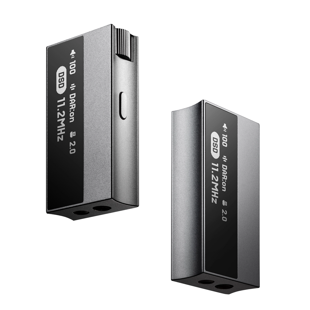 Astell&amp;Kern HC5 portable DAC/amp x2 floating front left 3 quarter angle and front right 3 quarter angle whitebox