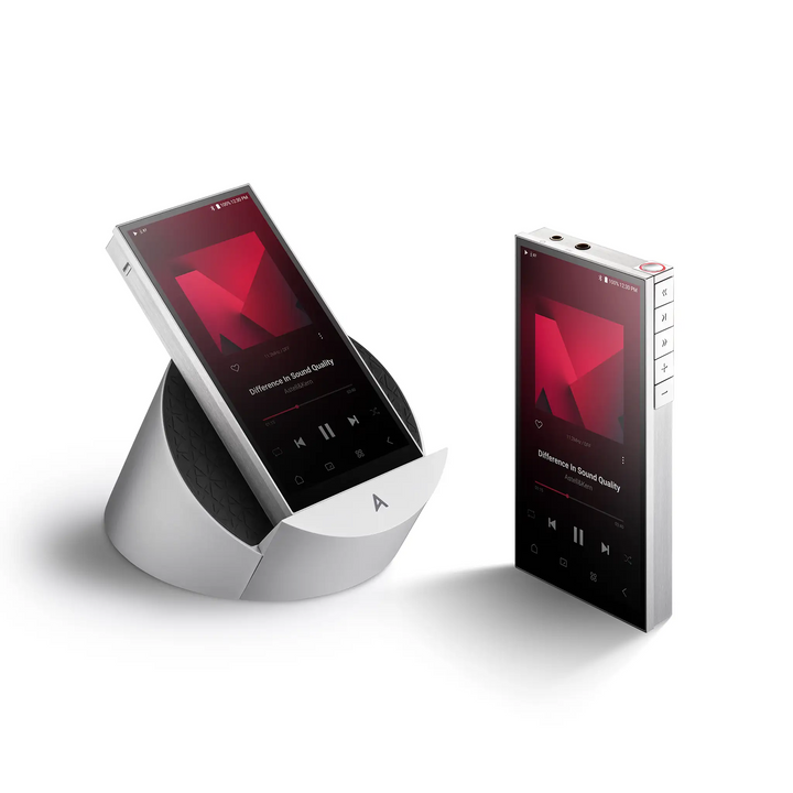 Astell&amp;Kern PD10 dap x2 standing front right 3 quarter angle and sitting on cradle dock front left 3 quarter angle whitebox