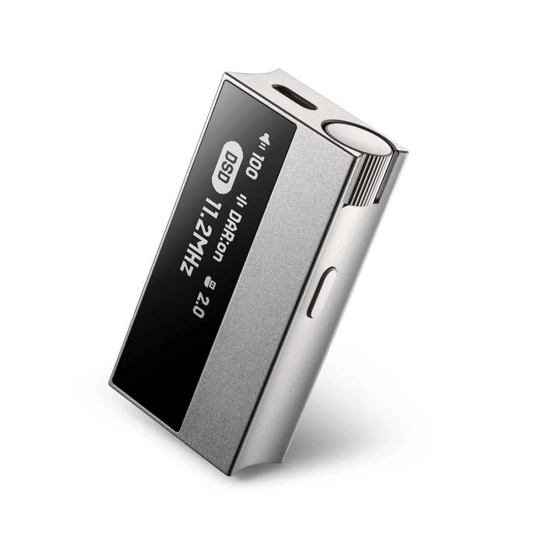 Astell&amp;Kern HC5 portable DAC/amp standing front right 3 quarter tilted right whitebox