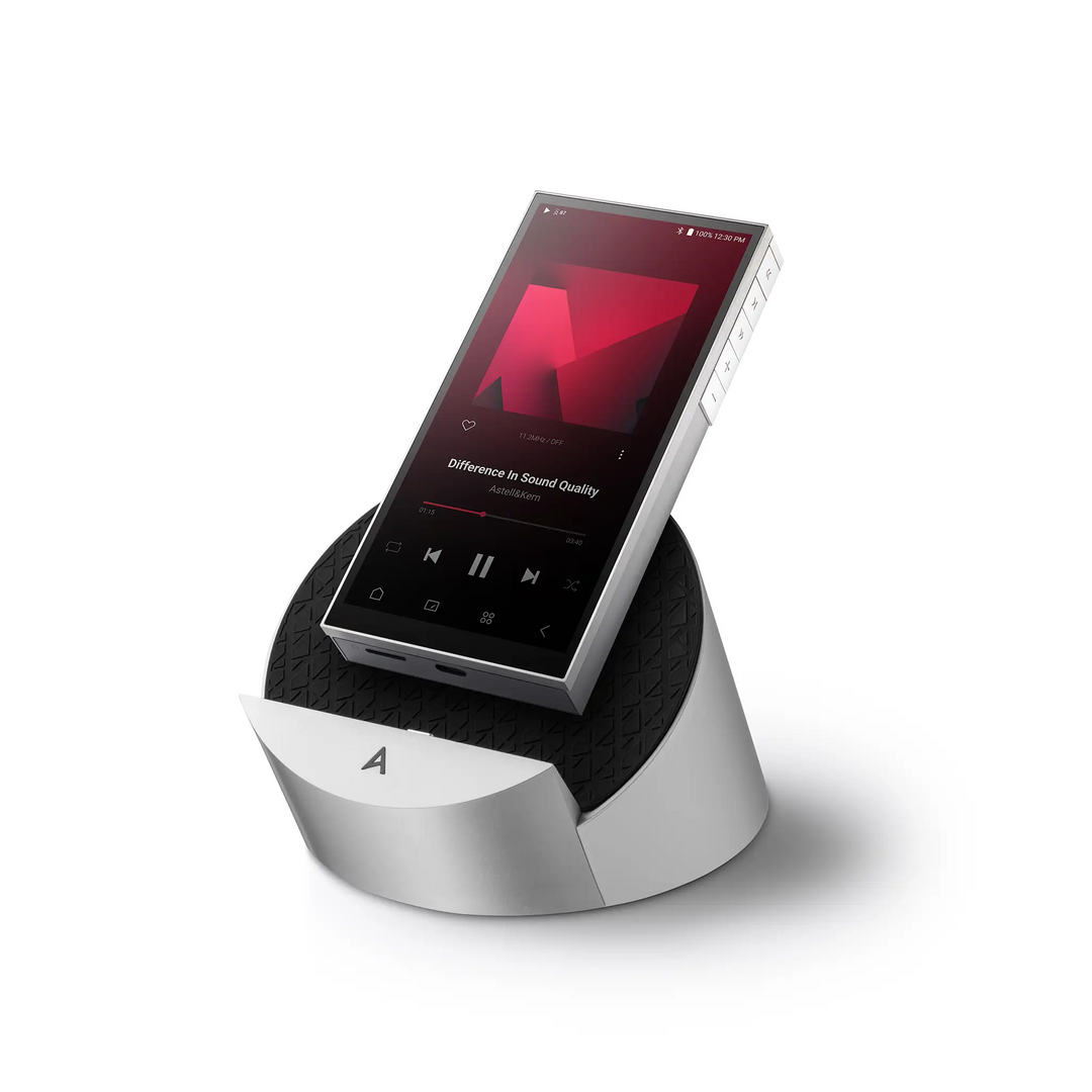 Astell&amp;Kern PD10 dap sitting on docking cradle front right 3 quarter angle whitebox