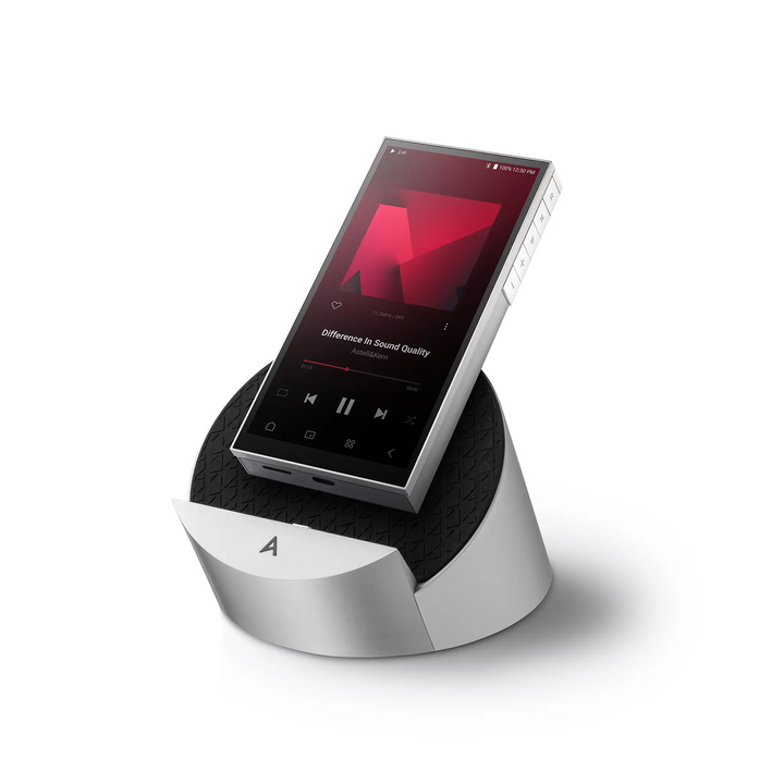 Astell&amp;Kern PD10 dap sitting on docking cradle front right 3 quarter angle whitebox