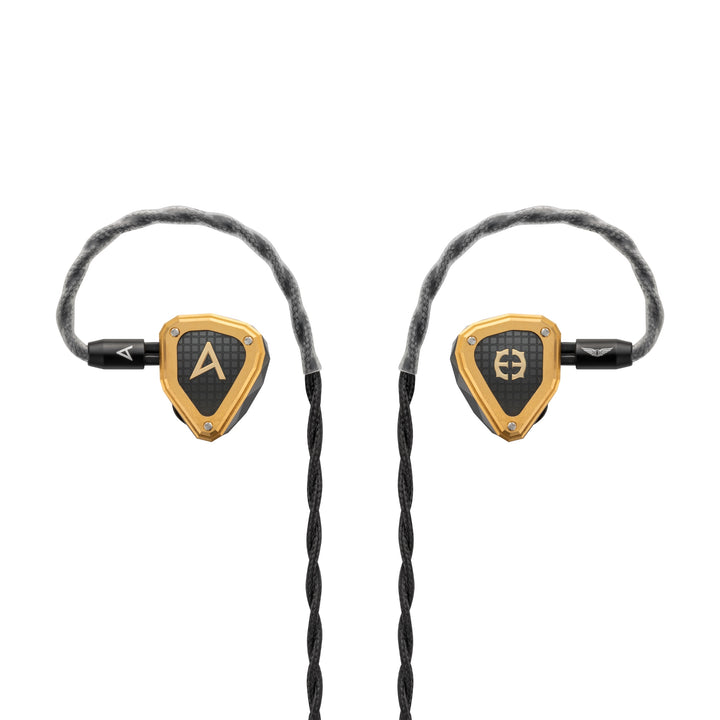 Astell&amp;Kern x Empire Ears Novus front eye level with attached stock cable over white background