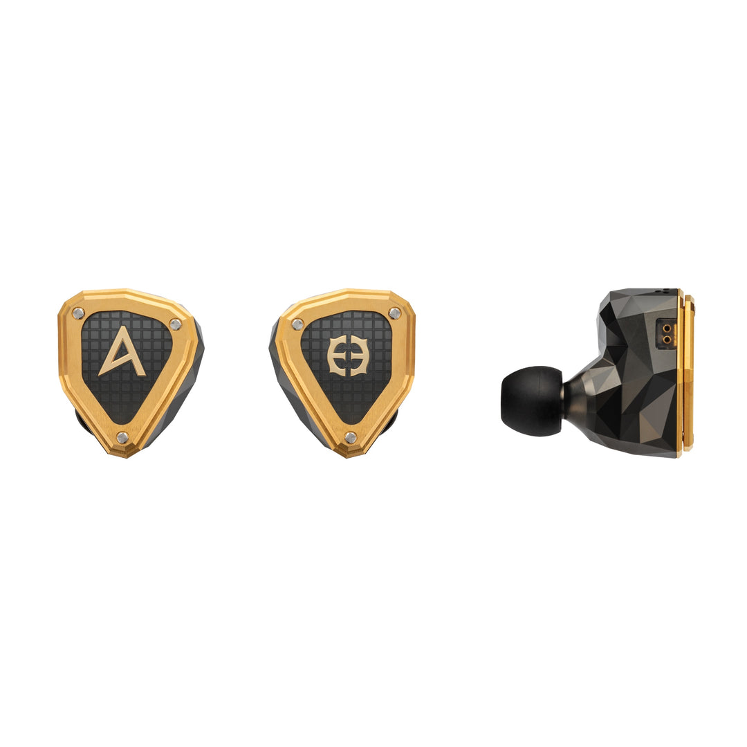 Astell&amp;Kern x Empire Ears Novus front x2 and profile x1 over white background