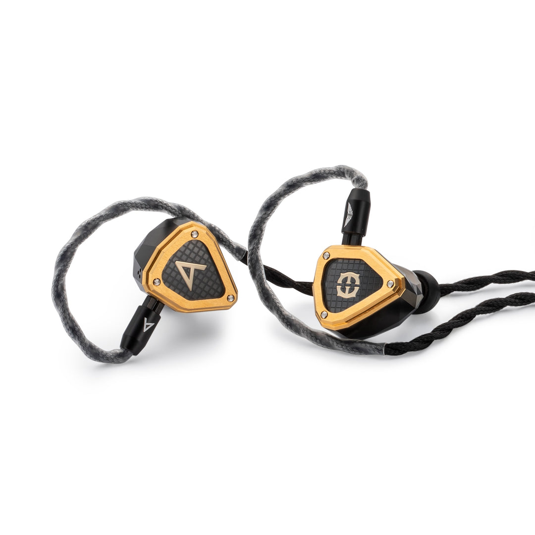 Astell&amp;Kern x Empire Ears Novus front quarter closeup with attached, composed stock cable over white background