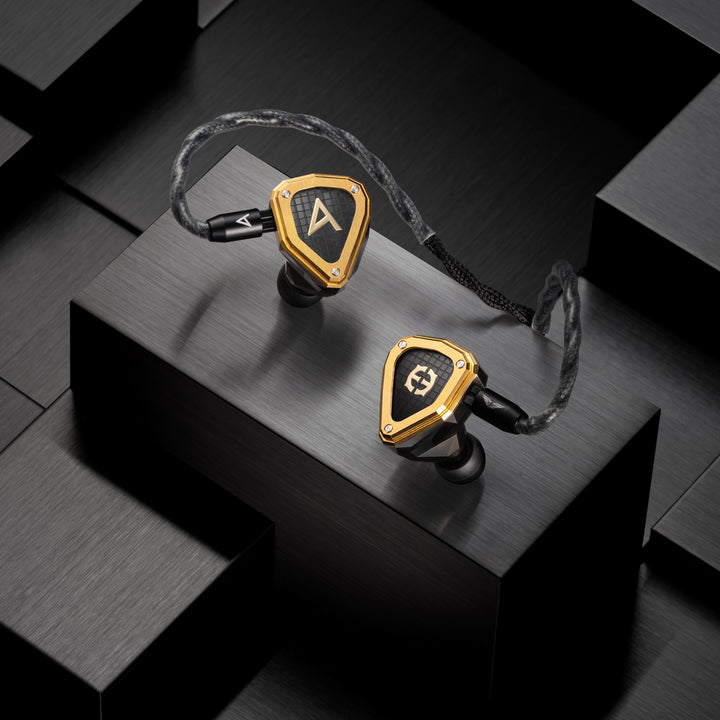 Astell&amp;Kern x Empire Ears Novus with attached stock cable over cubic concept art