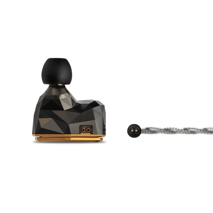 Astell&amp;Kern x Empire Ears Novus single earphone profile closeup with stock cable connector over white background