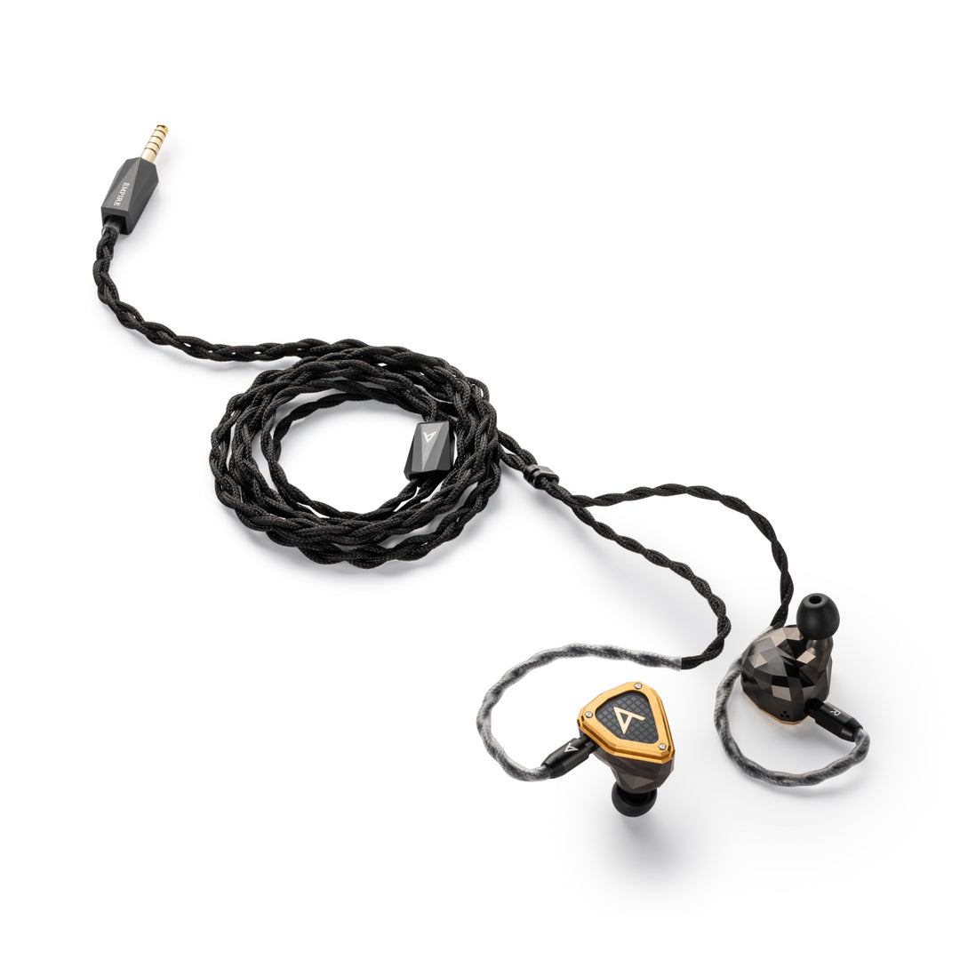 Astell&amp;Kern x Empire Ears Novus high angle with attached, coiled stock cable over white background