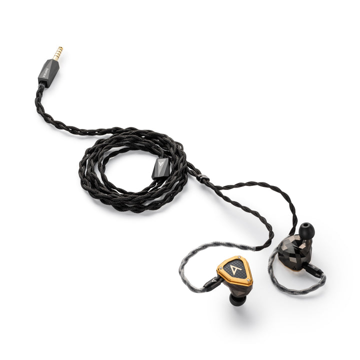 Astell&amp;Kern x Empire Ears Novus high angle with attached, coiled stock cable over white background