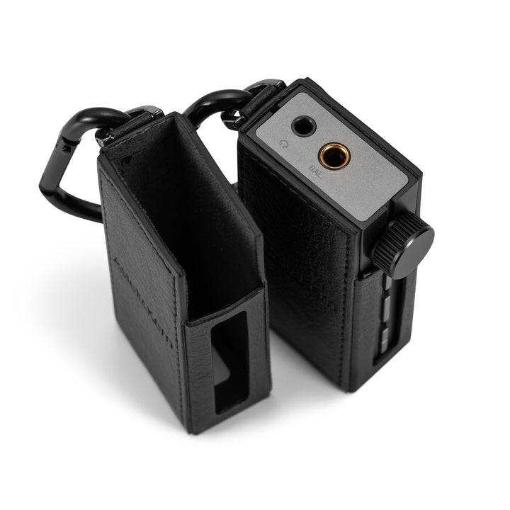 Astell&amp;Kern HB1 case x2 top with and without HB1 DAC vertical over white background