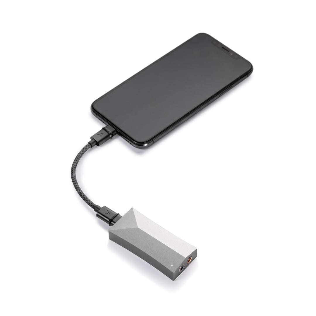 Astell&amp;Kern HC4 connected to iPhone over white background