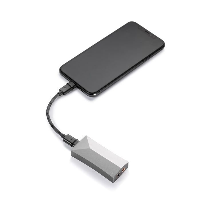 Astell&amp;Kern HC4 connected to iPhone over white background