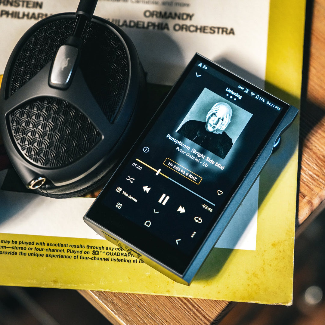 Astell&amp;Kern KANN Ultra highlighting active LCD screen with Meze Empyrean headphone