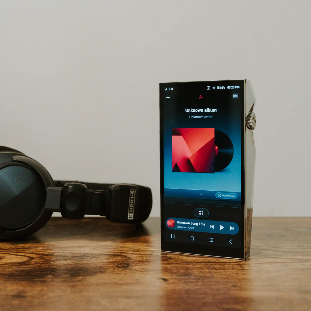 Astell&amp;Kern SP4000 DAP front right 3 quarter angle standing on wooden table screen on with Astell&amp;Kern Virtuoso headphones