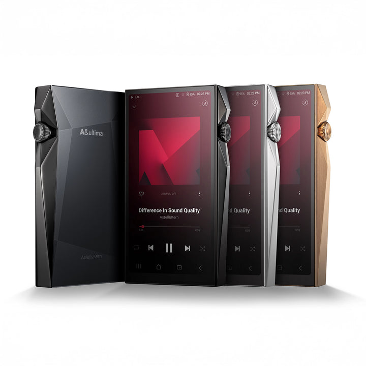 Astell&amp;Kern SP4000 DAP x4 rear black unit and front facing black, silver and copper units turned inward whitebox