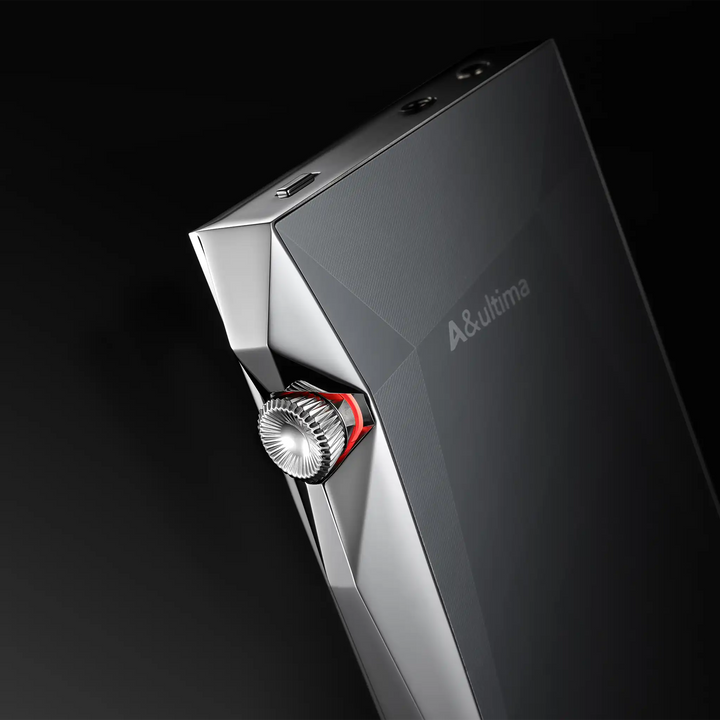 Astell&amp;Kern SP4000 DAP silver rear top left closeup of volume knob on black background