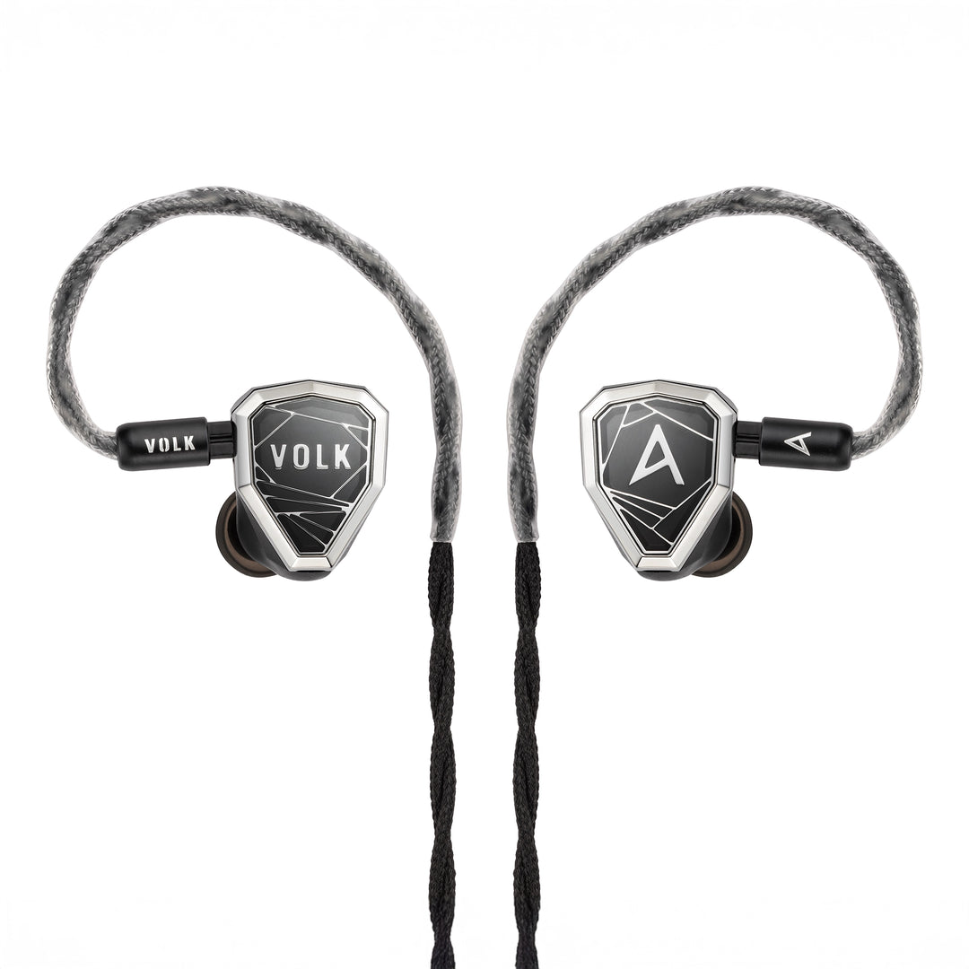 AstellnKern VOLK Audio Stella IEMs front view with cable attached whitebox