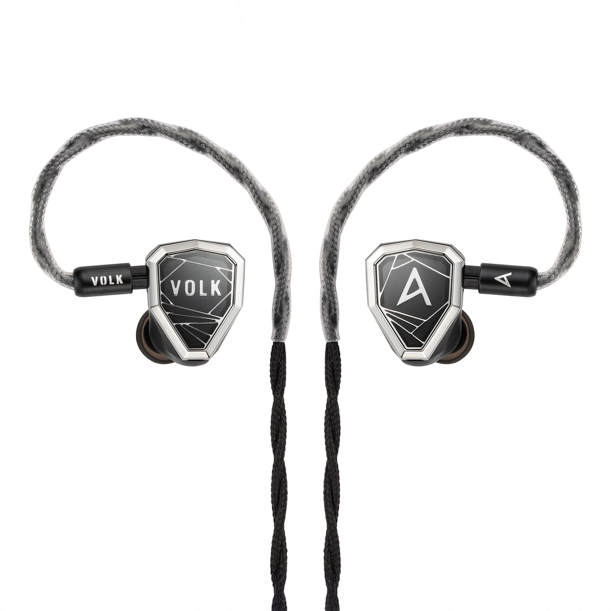 AstellnKern VOLK Audio Stella IEMs front view with cable attached whitebox