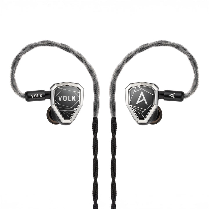 AstellnKern VOLK Audio Stella IEMs front view with cable attached whitebox