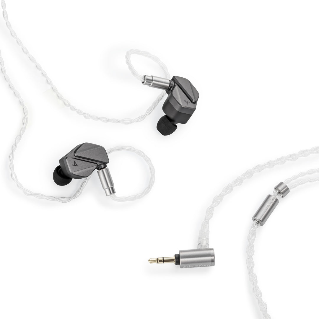 Astell&amp;Kern AK ZERO2 with attached cable highlighting 3.5mm connector and Y-split over white background