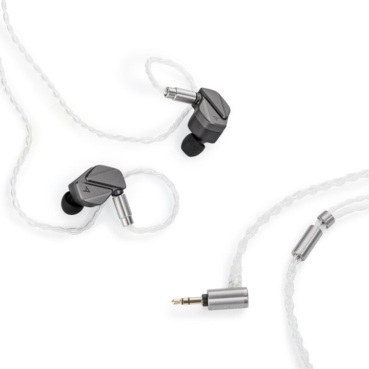 Astell&amp;Kern AK ZERO2 with attached cable highlighting 3.5mm connector and Y-split over white background