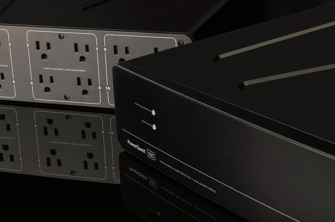 AudioQuest PowerQuest 505 Power Conditioner (2x) rear view and front left side view sitting on black background