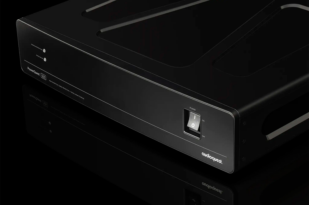 AudioQuest PowerQuest 505 Power Conditioner front right 3 quarter view sitting on black background