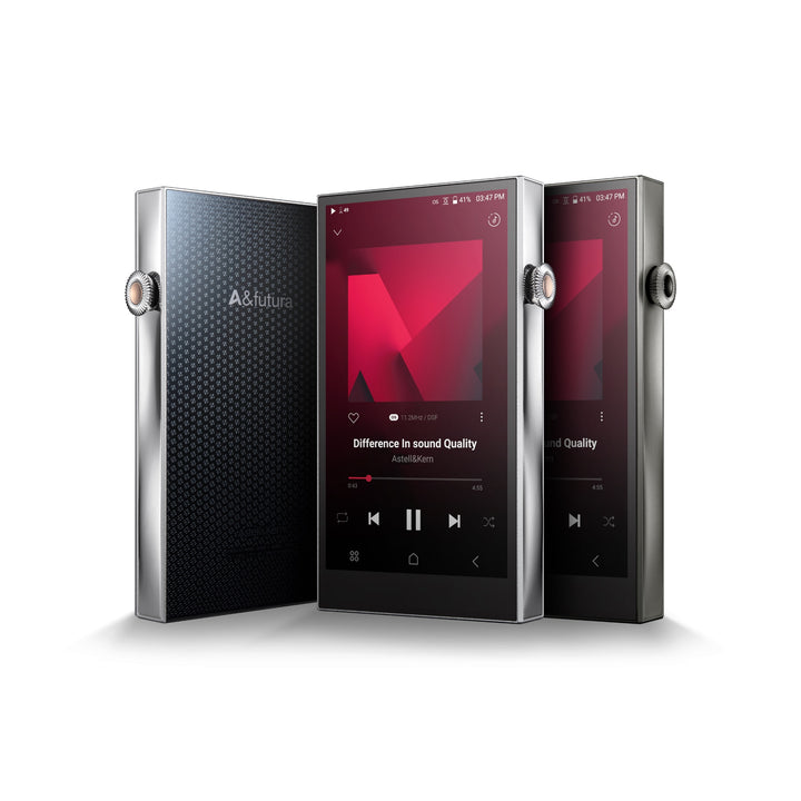 Astell&amp;Kern SE300 (x2) silver (x1) Titanium 3 quarter front and rear over white background