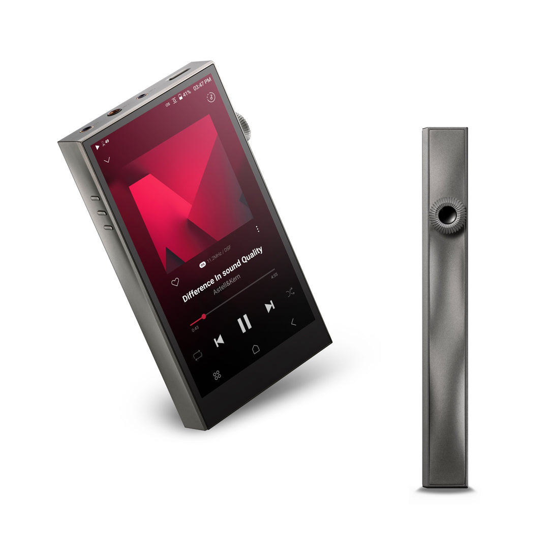 Astell&amp;Kern SE300 Titanium 3 quarter front and Titanium profile over white background