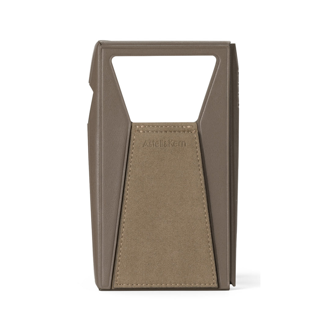 Astell&amp;Kern SP3000T taupe case rear eye level closeup over white background