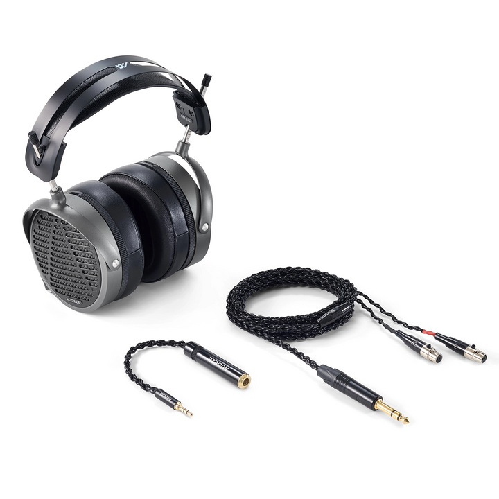 Audeze MM-520 headphones front left 3 quarter with cable and adapter whitebox