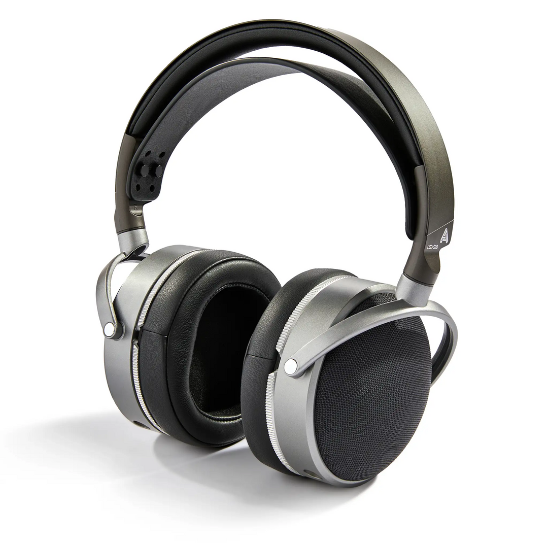 Audeze LCD-S20 headphones sitting front right 3 quarter angle whitebox
