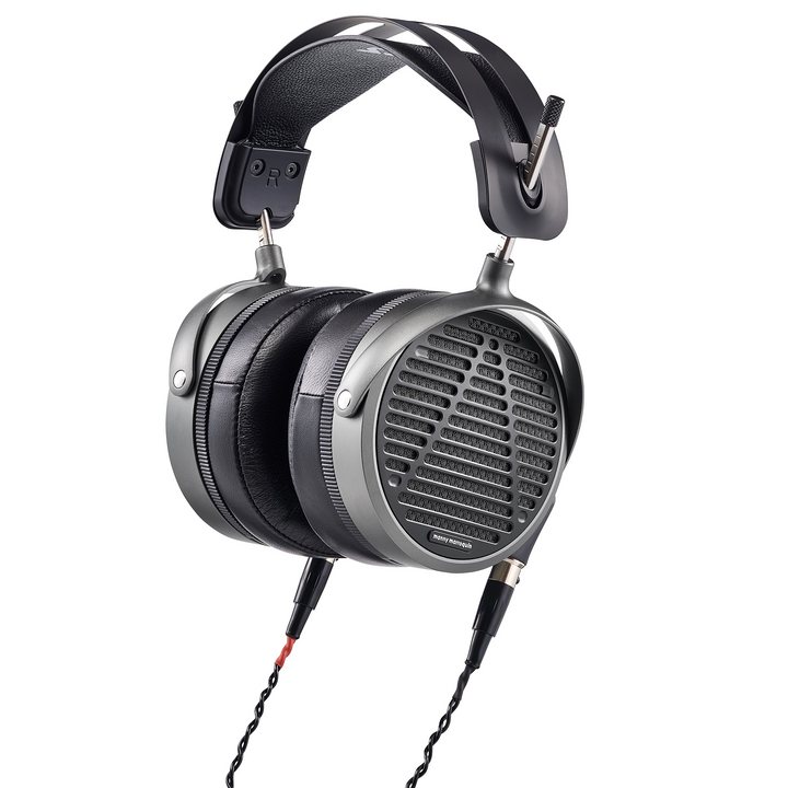 Audeze MM-520 headphones front right 3 quarter with cable attached whitebox