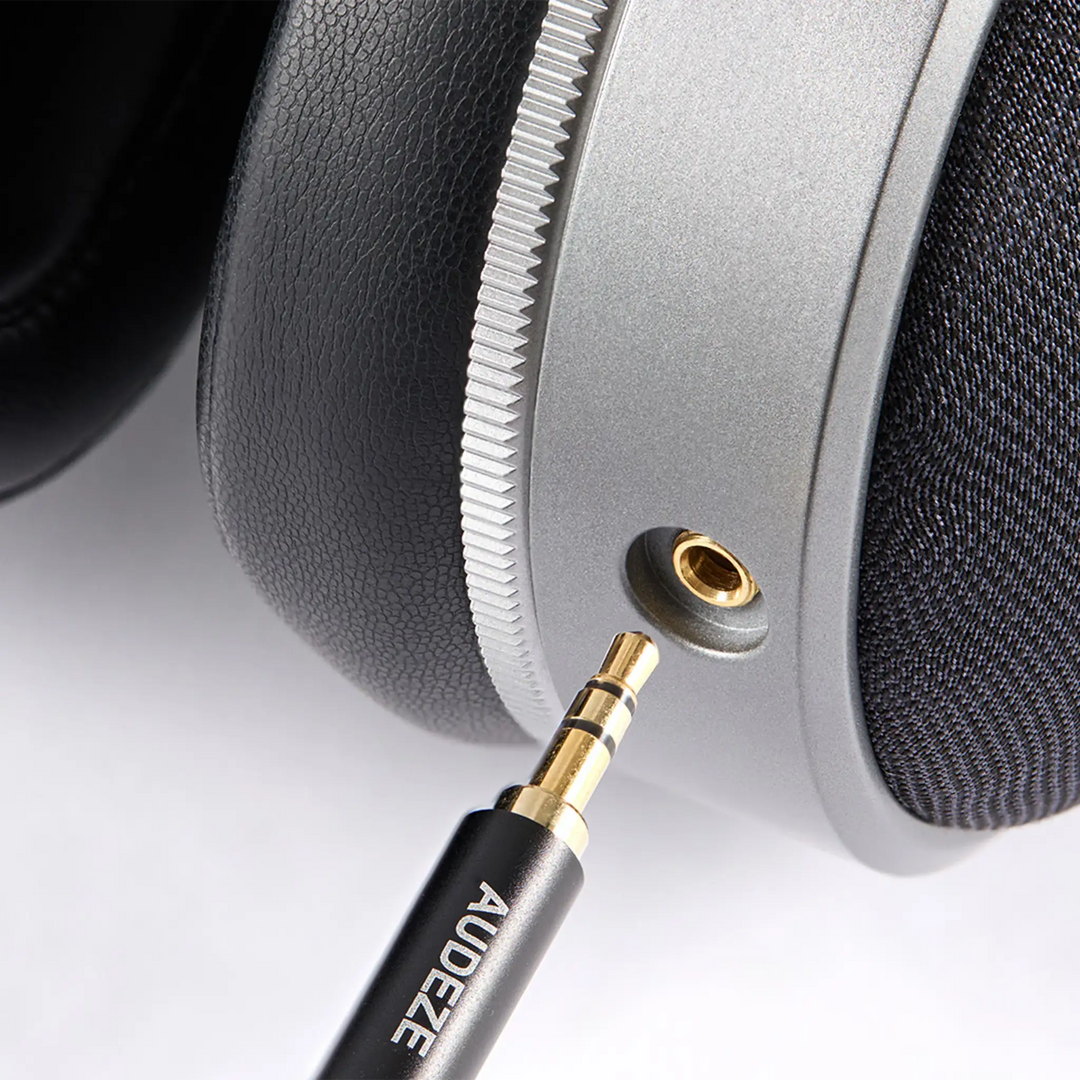 Audeze LCD-S20 headphones extreme closeup of headphone jack whitebox