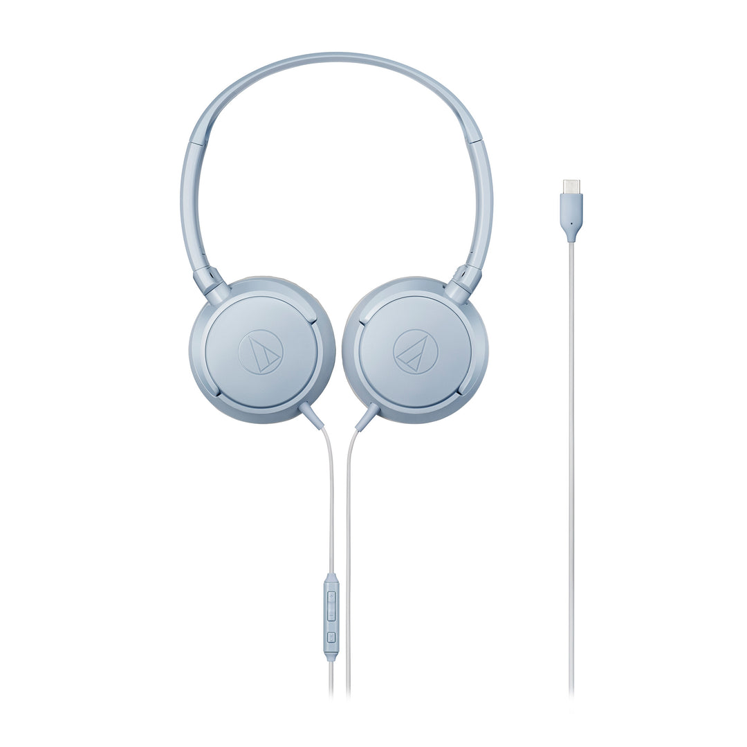 Audio-Technica ATH-S120C blue headphone front with rotated cups and USB cable whitebox