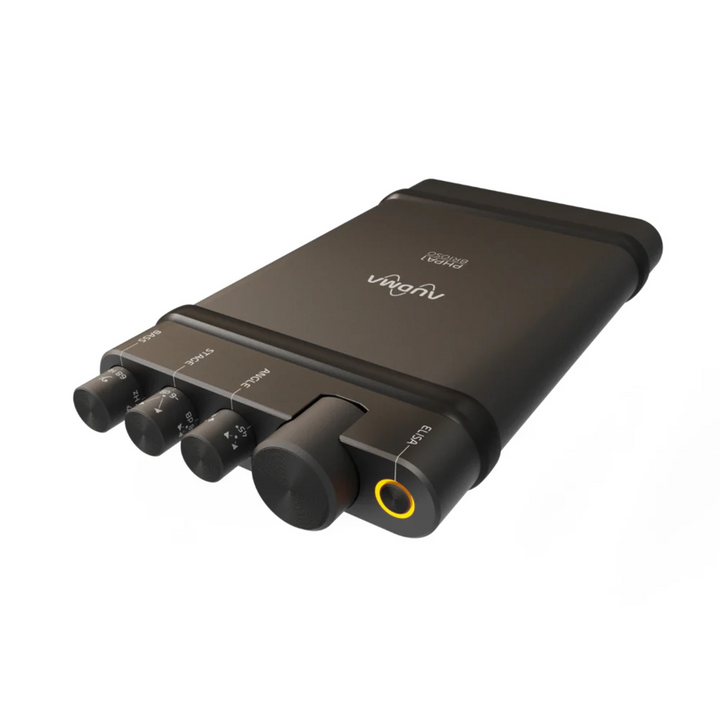 Audma Brioso portable amplifier lying down top left corner whitebox