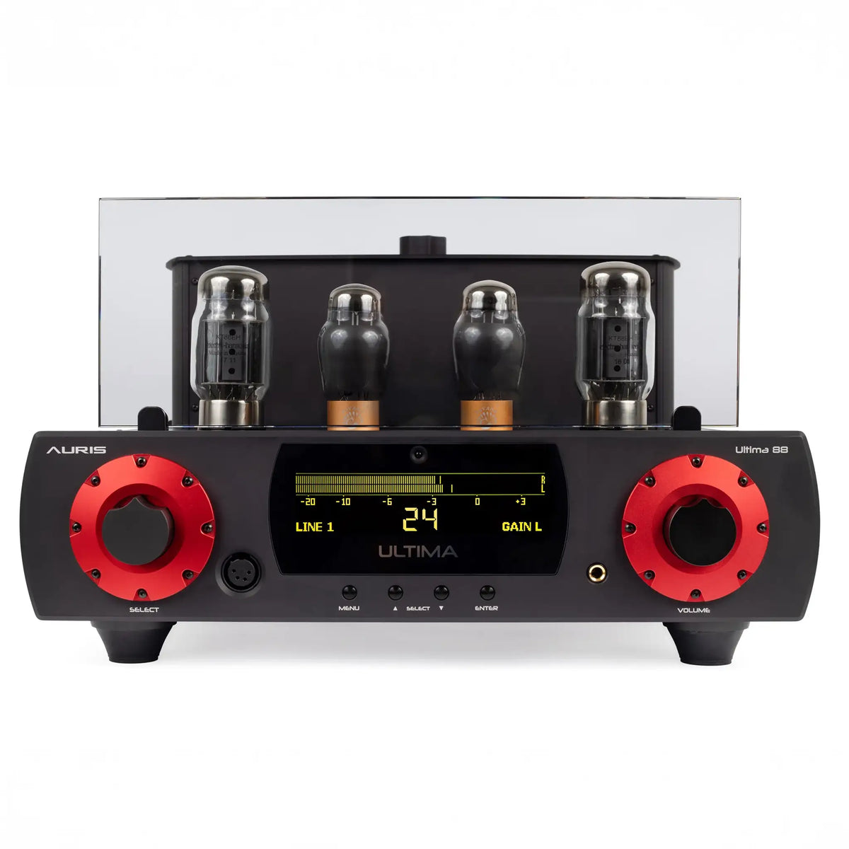 Auris Audio Ultima KT 88 headphone amplifier front center eye level whitebox
