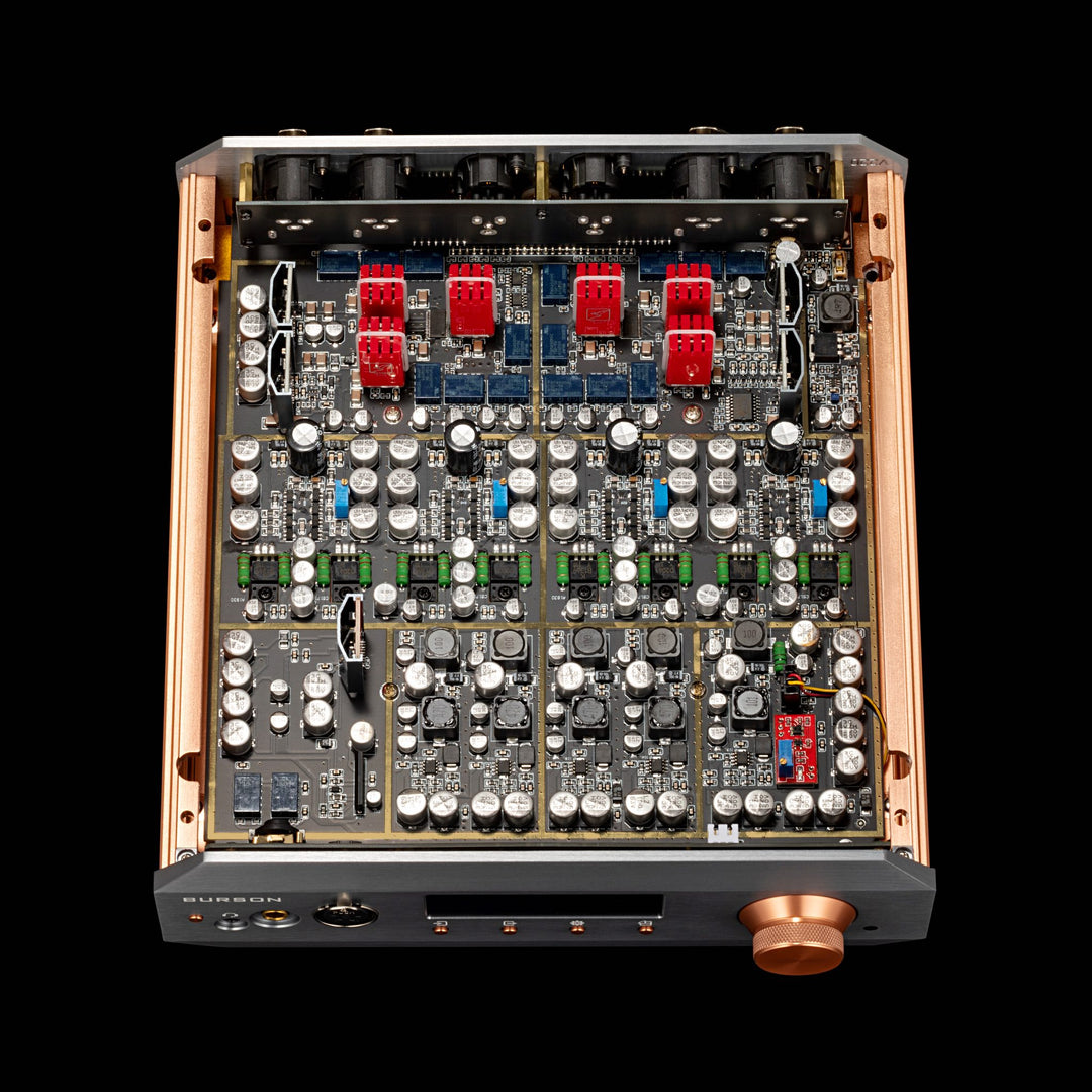 Burson Soloist Voyager top with cover removed exposing PCB over black background