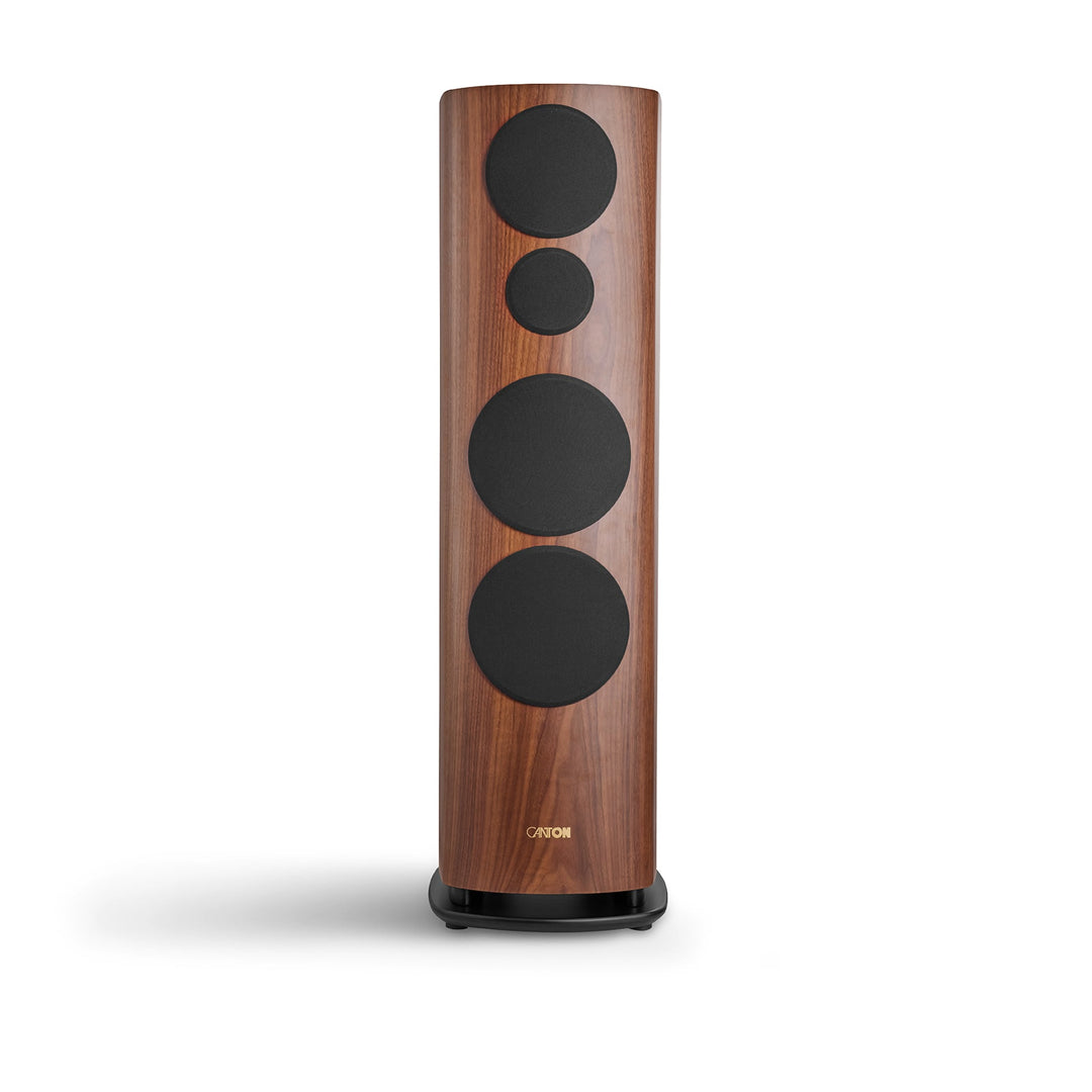 Canton Reference 2 2023 walnut front with cloth grills over white background