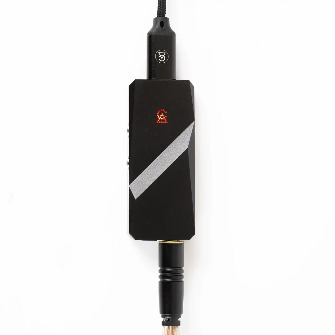 Campfire Audio Relay dac/amp front view with usb-c cable and headphone cable plugged in