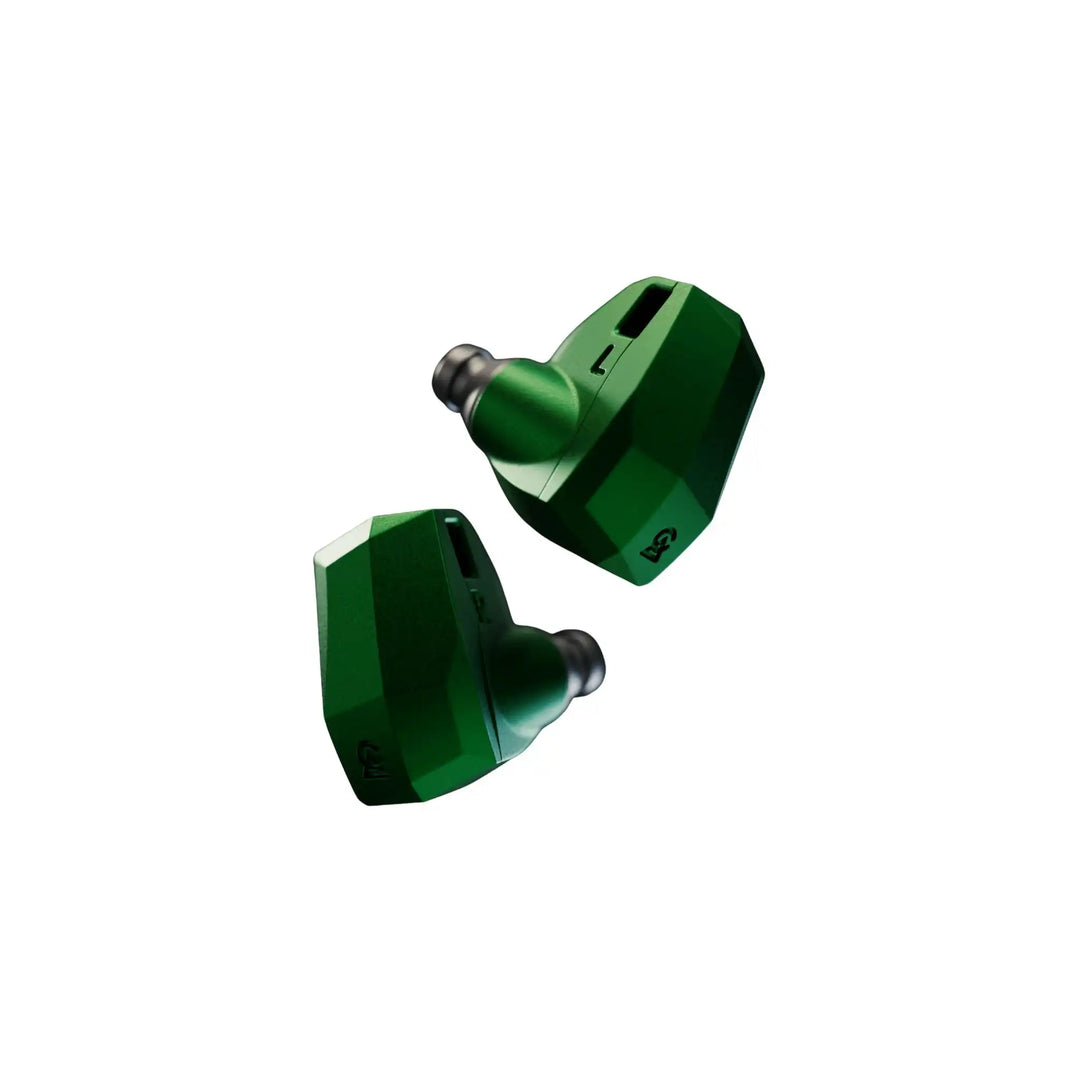 Campfire Audio Andromeda 10 green IEMs floating diagonally side view whitebox
