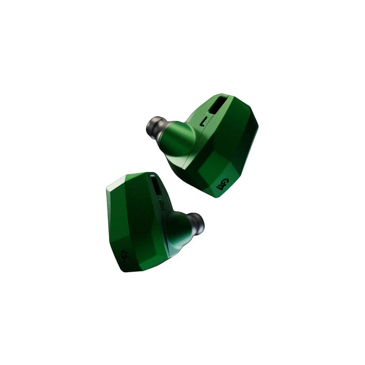 Campfire Audio Andromeda 10 green IEMs floating diagonally side view whitebox