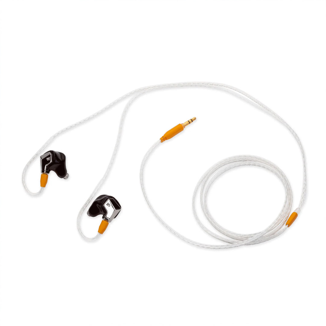 Campfire Audio Supermoon black with attached orange Time Stream cable over white background
