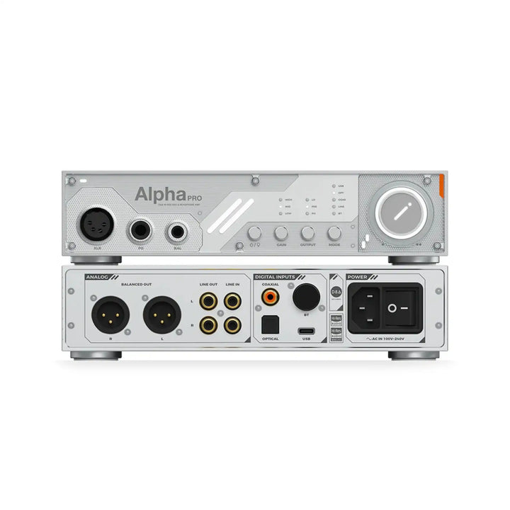 D&amp;A Alpha Pro DAC/amp x2 sitting front view on top of rear view unit whitebox