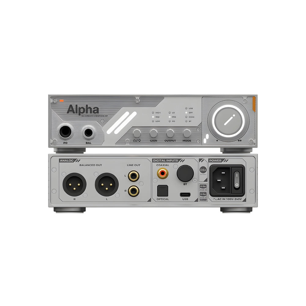 D&A Alpha DAC and amp x2 front and rear view stacked on top of each other whitebox