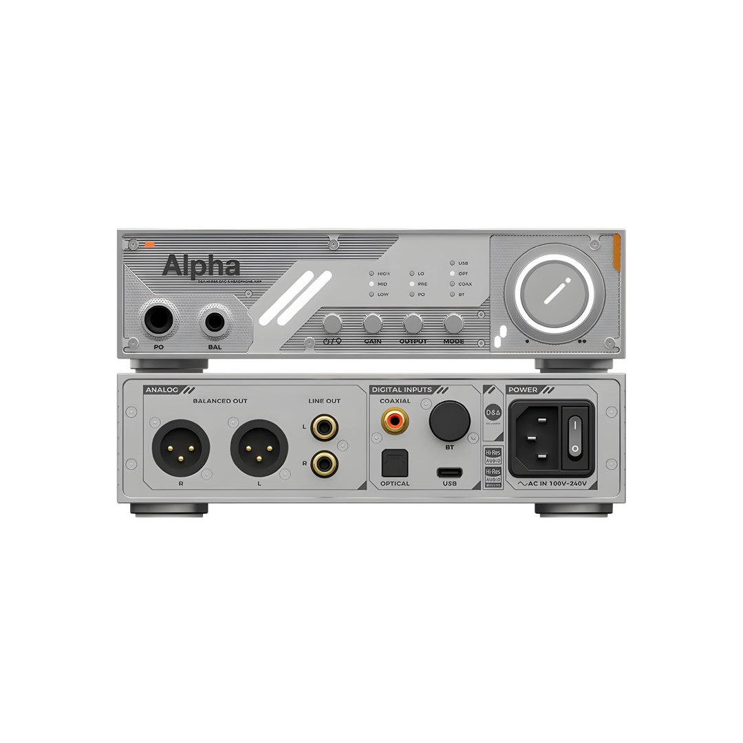 D&amp;A Alpha DAC and amp x2 front and rear view stacked on top of each other whitebox